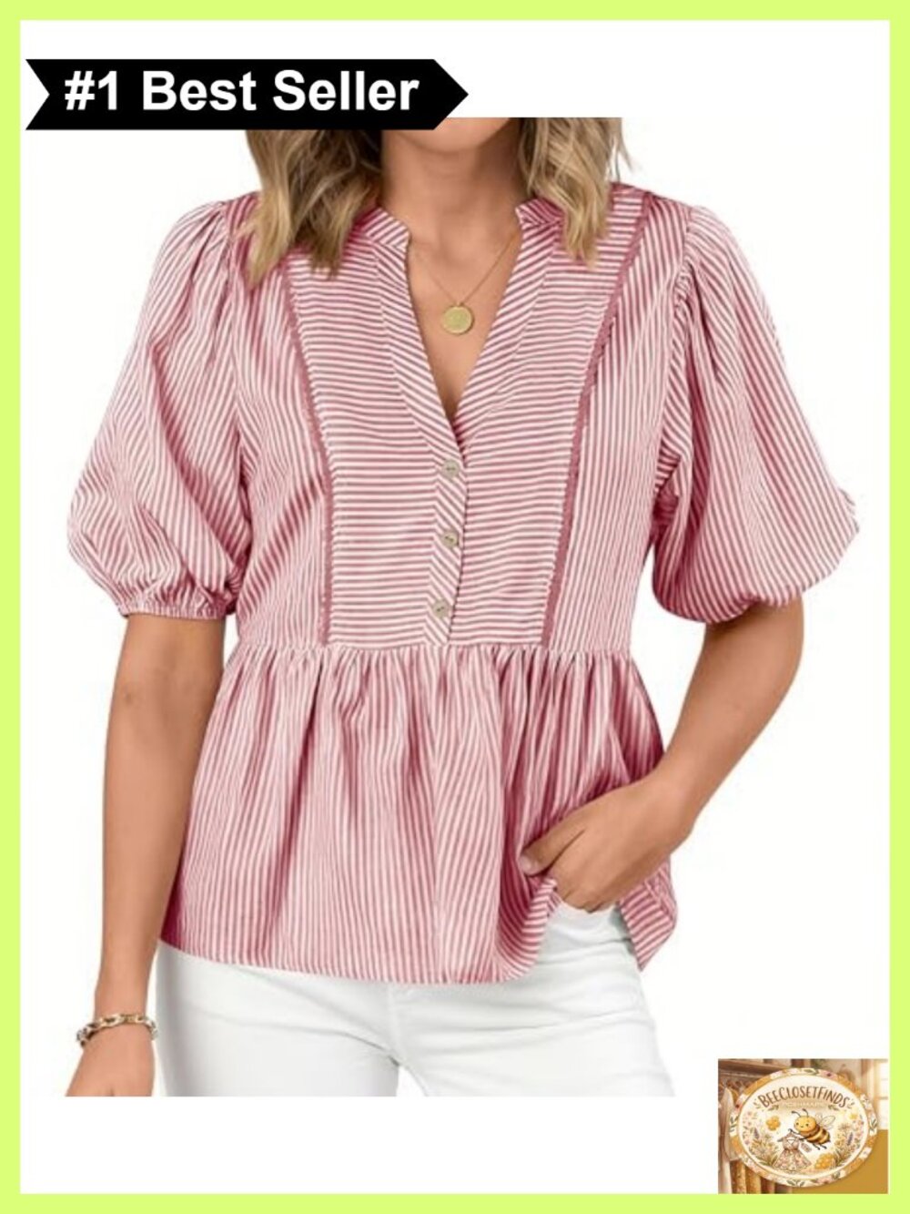 Womens Lantern Sleeve Button Up Striped Babydoll Blouse V Neck Ruffled